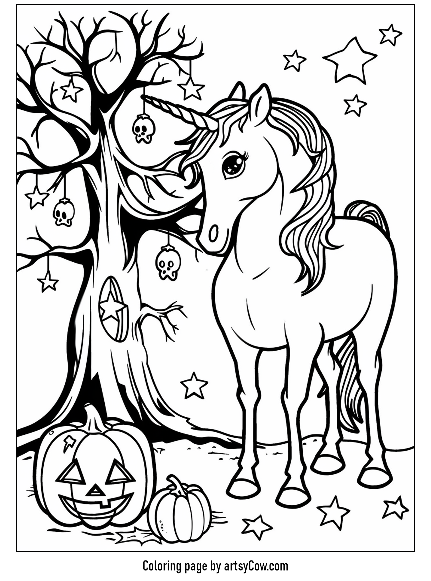 halloween coloring pages with unicorn; a coloring page featuring a unicorn standing near a spooky tree decorated with hanging skulls and pumpkins with a scattering of stars in the background.